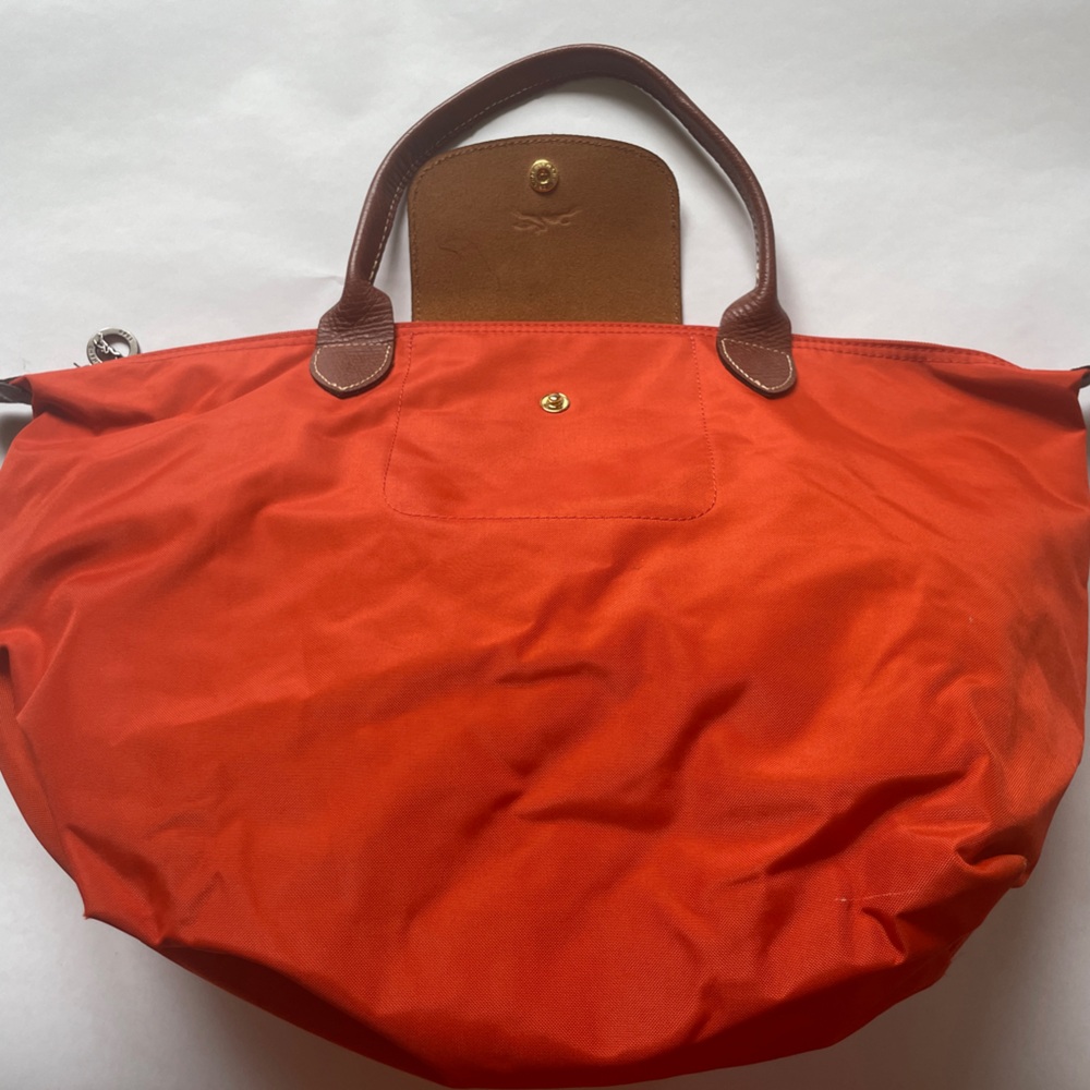 Longchamp Vibrant Orange Tote with Brown Handles